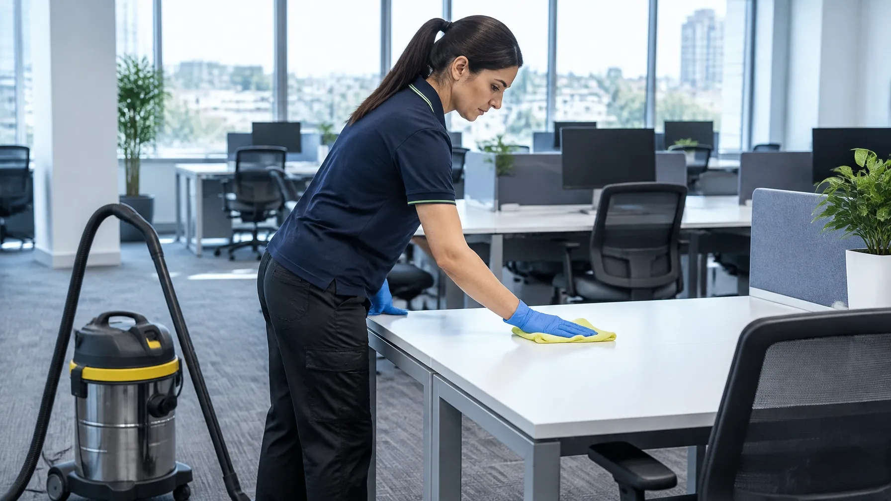 A CQD operative cleans a desk in an open-plan commercial office.