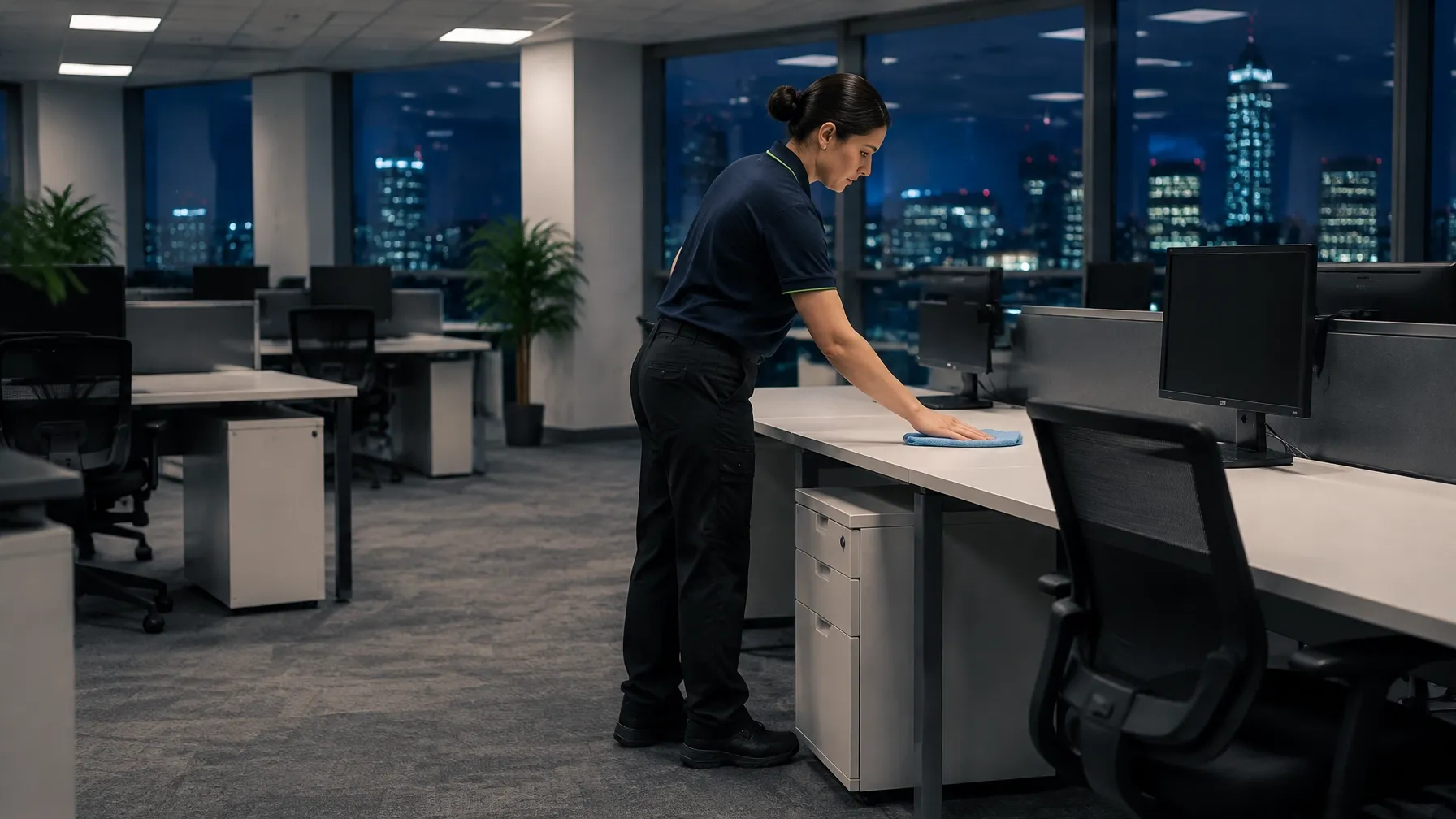 A CQD operative cleans a commercial office during an overnight shift.