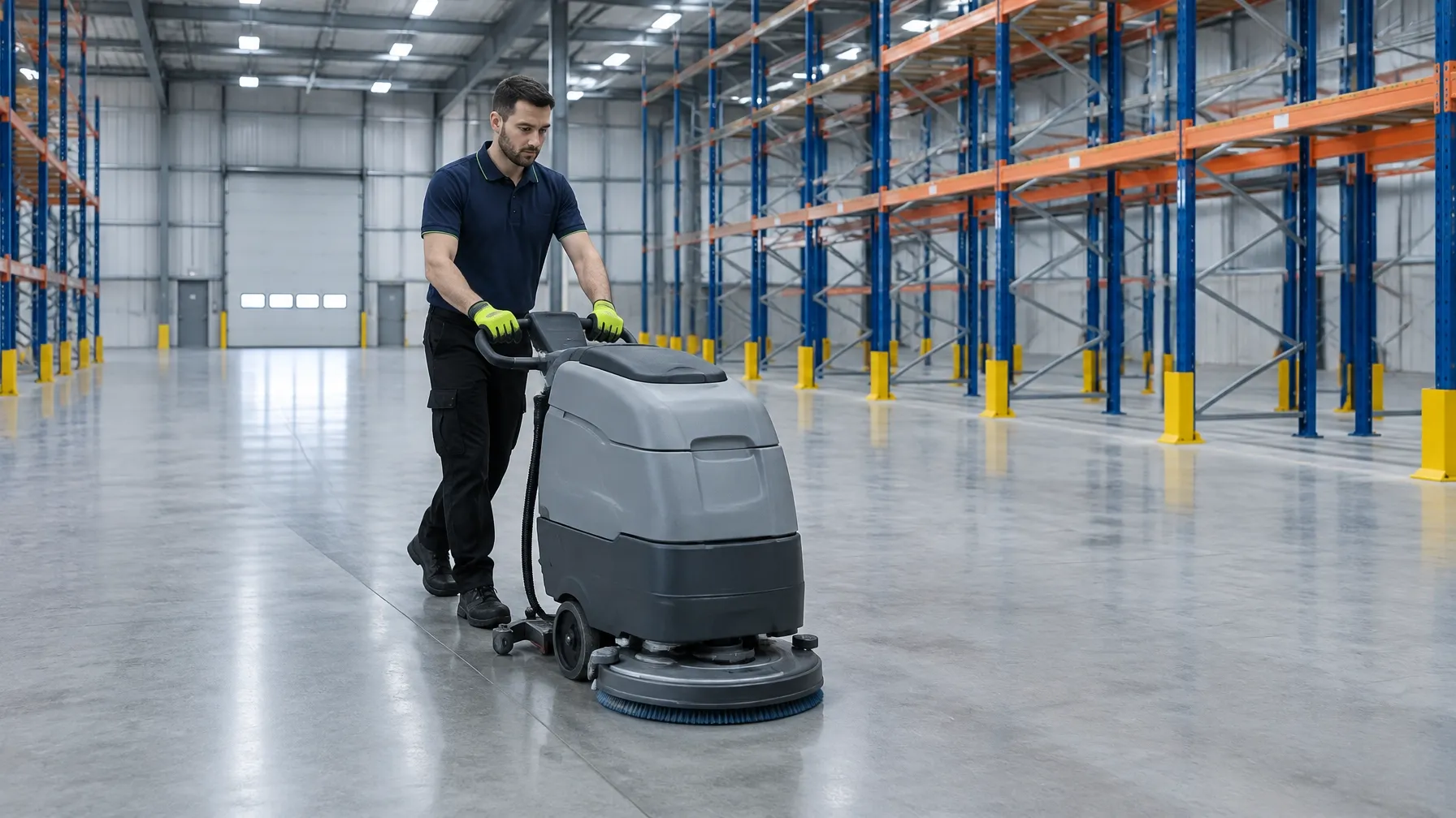 A CQD operative drives a walk-behind scrubber dryer across a commercial warehouse floor.