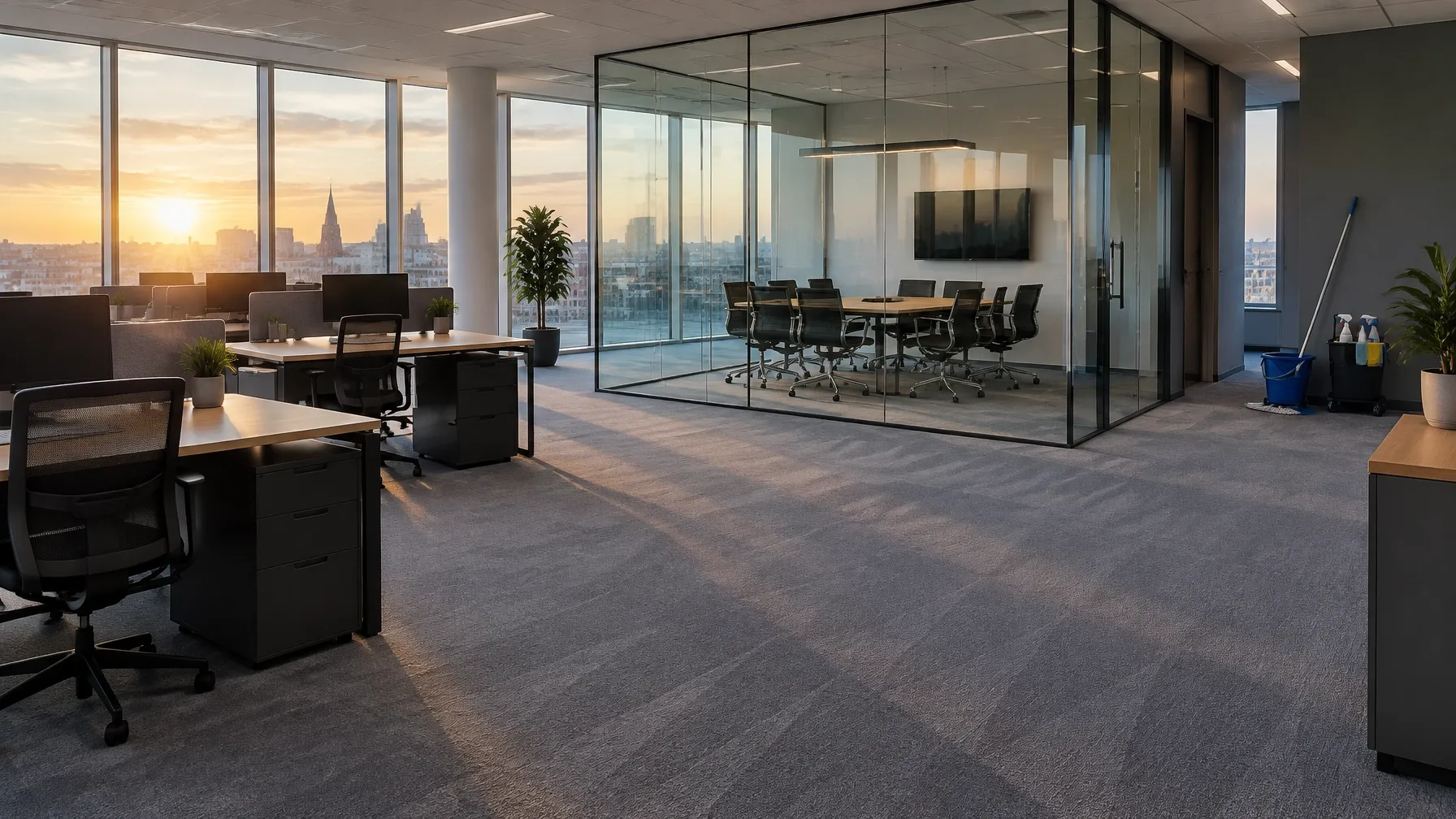 A spotless commercial office is ready before the team arrives in the morning.