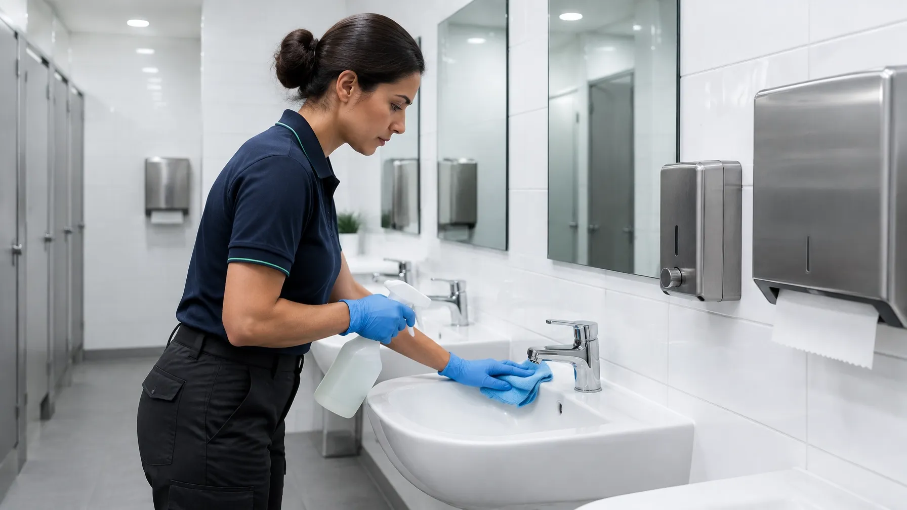A CQD operative cleans a commercial washroom basin with gloves and a spray bottle.