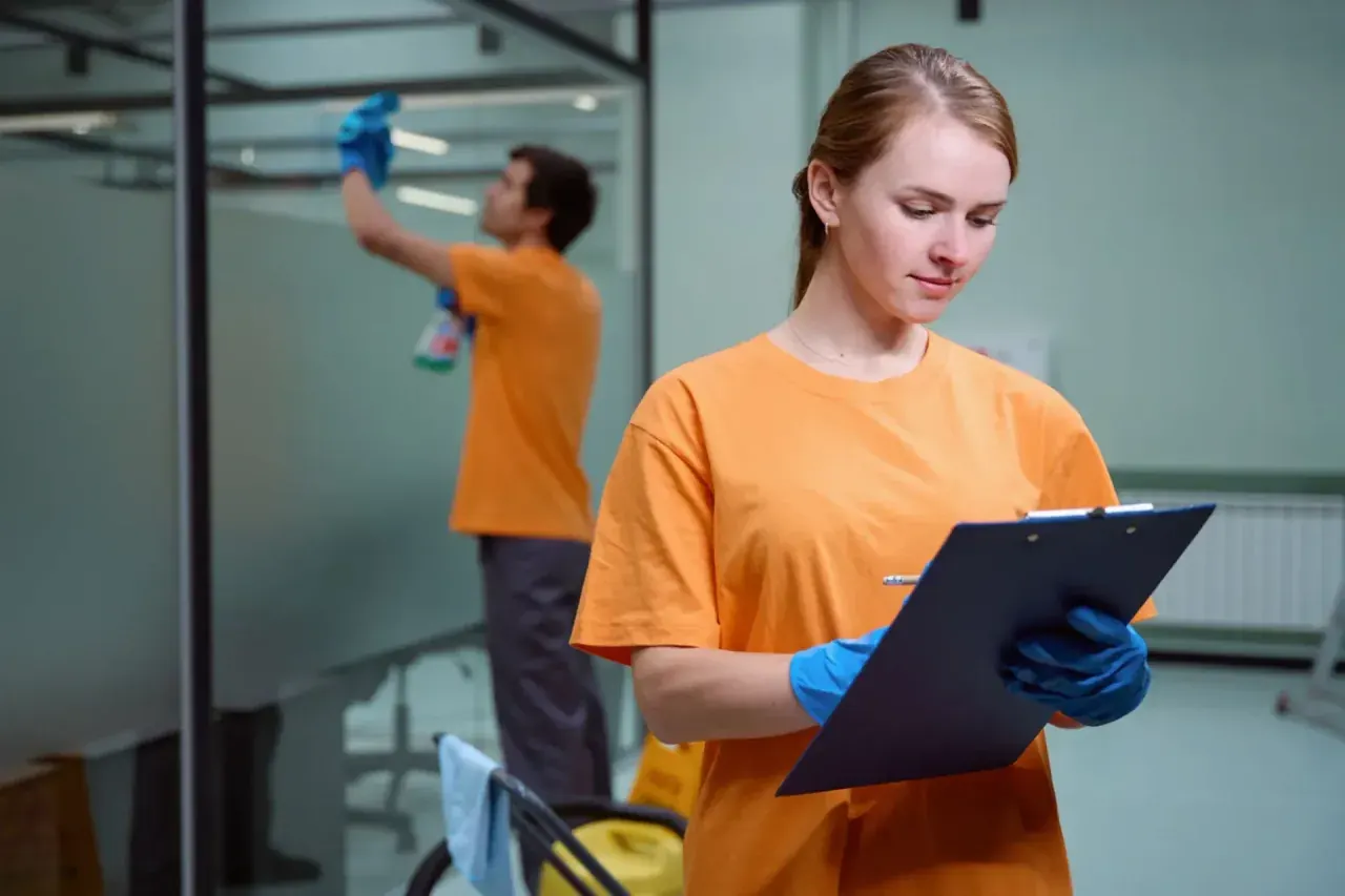 CQD cleaner completing a quality checklist while a colleague cleans a glass office partition