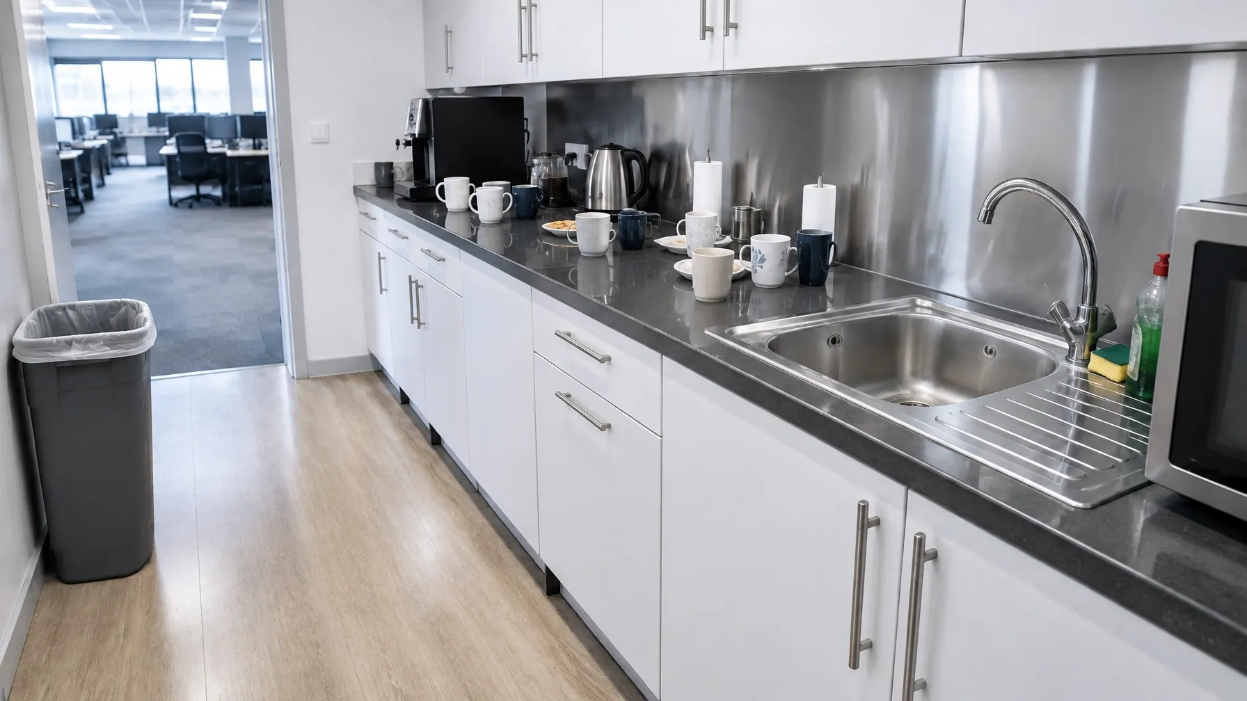 Office breakroom kitchenette after cleaning, photographed from the matched angle