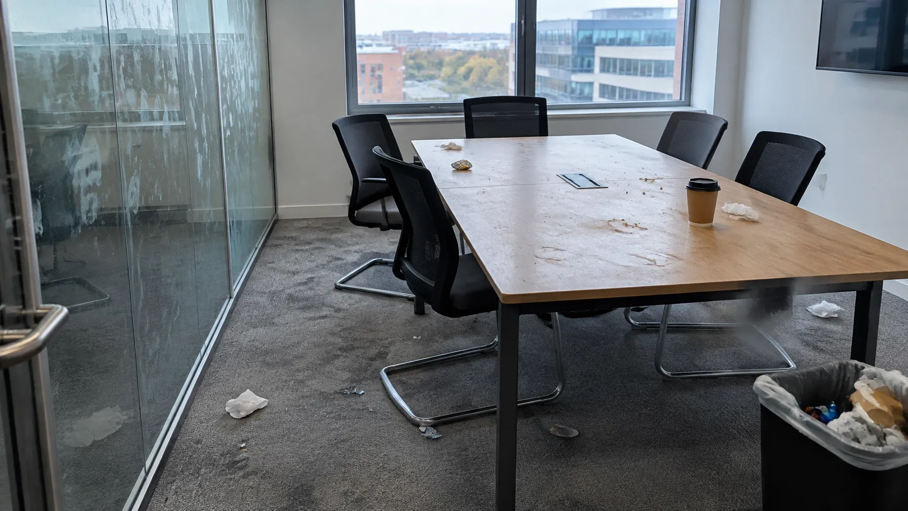 Office meeting room before cleaning, with marks and litter visible on the table and carpet